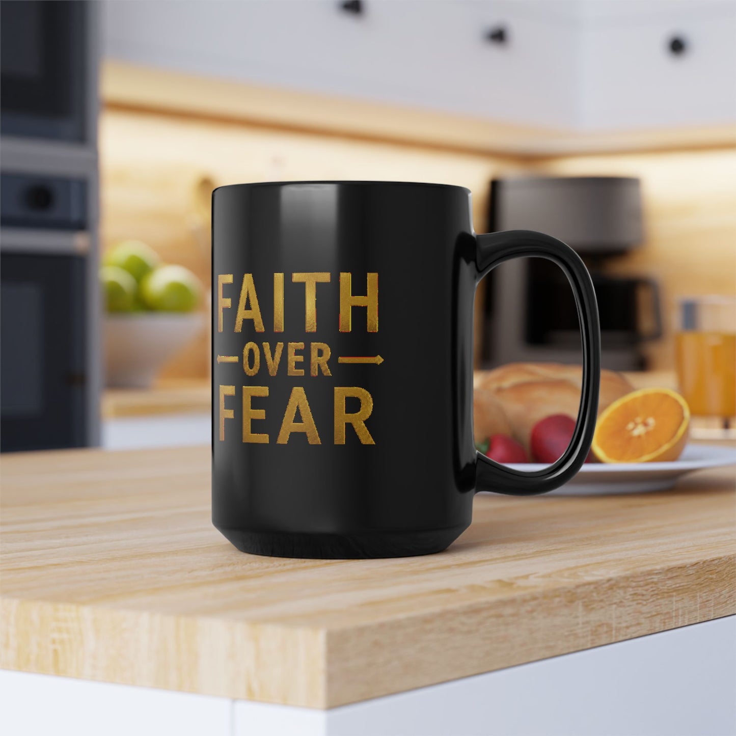 Faith Over Fear Black Mug — Glossy Ceramic Coffee Cup | 15oz