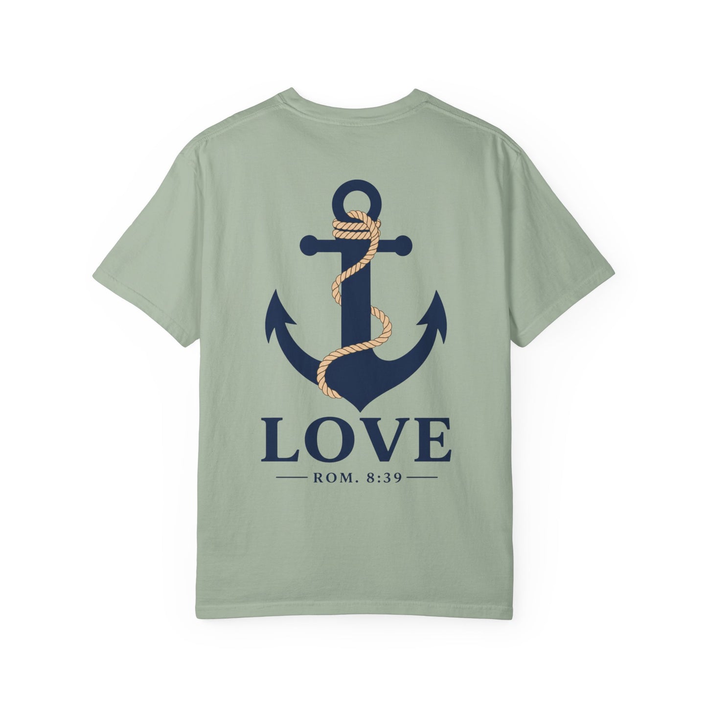 Anchored Love T-Shirt — Nautical "LOVE" Anchor with Rope, Romans 8:39 Faith Tee