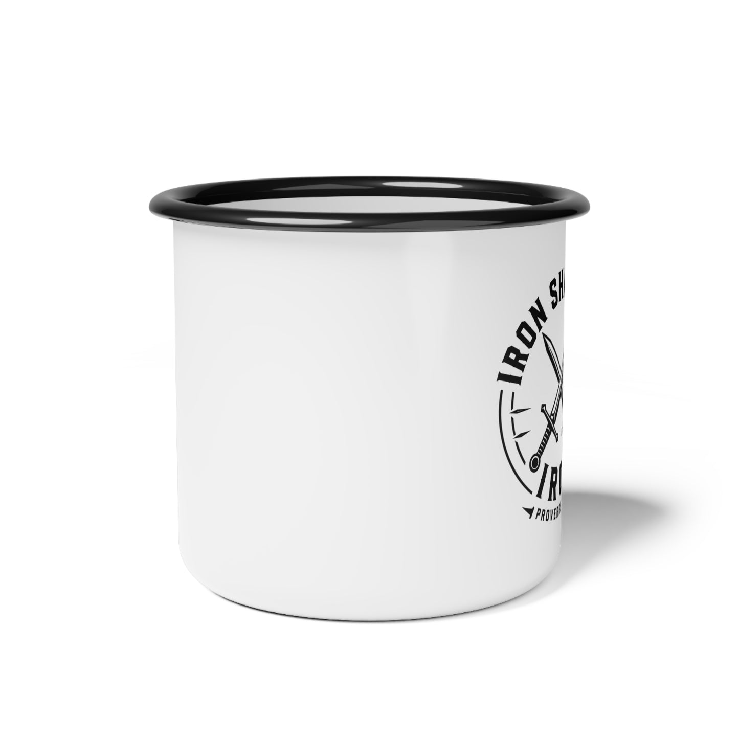 Iron Sharpens Iron Swords Enamel Camp Cup — Rustic Outdoor Mug | 12oz