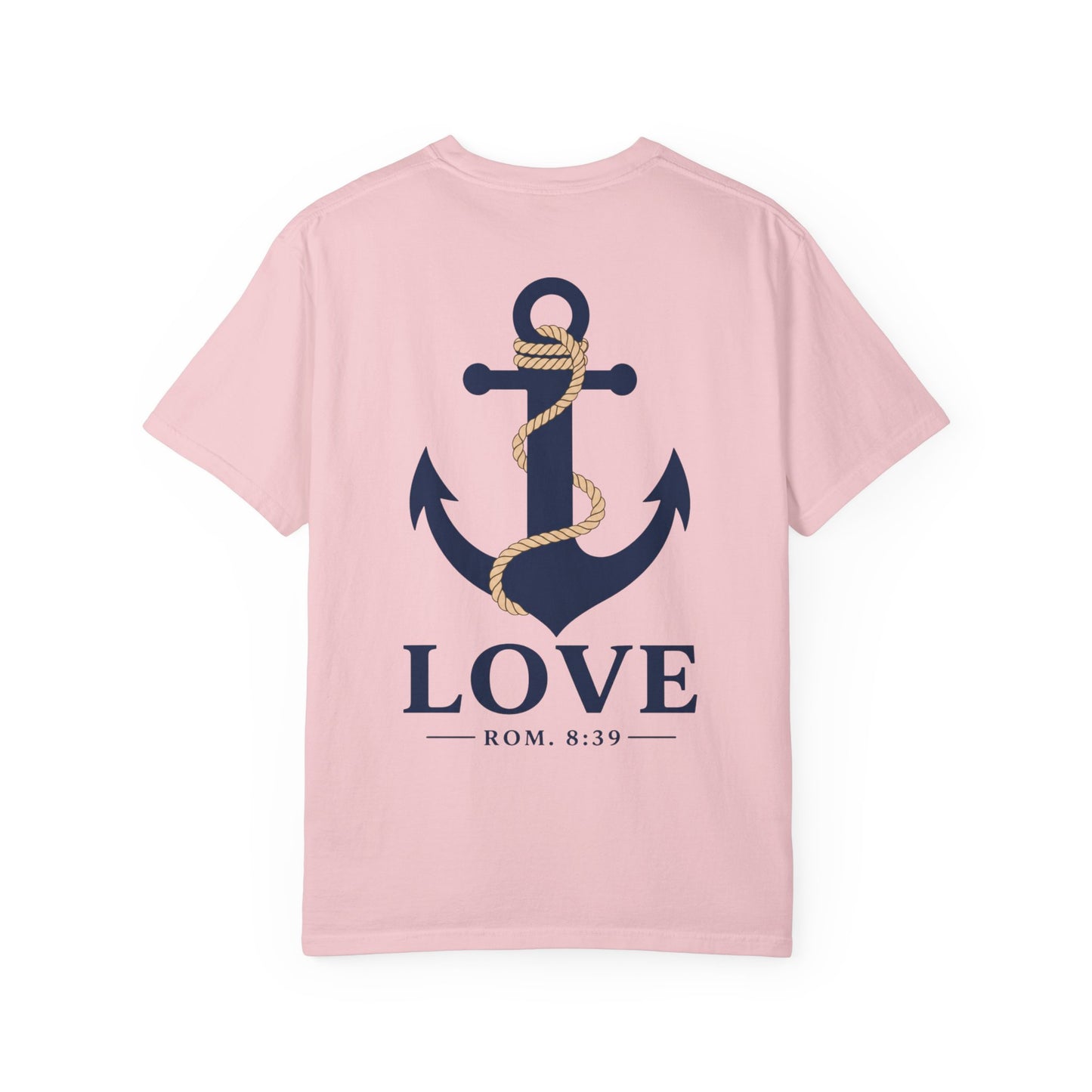 Anchored Love T-Shirt — Nautical "LOVE" Anchor with Rope, Romans 8:39 Faith Tee