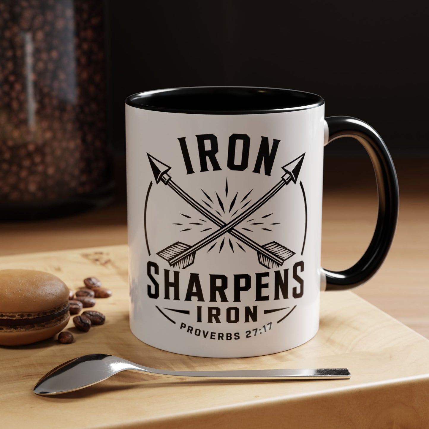 Iron Sharpens Iron Arrows Accent Mug — Faith Coffee Cup | Proverbs 27:17