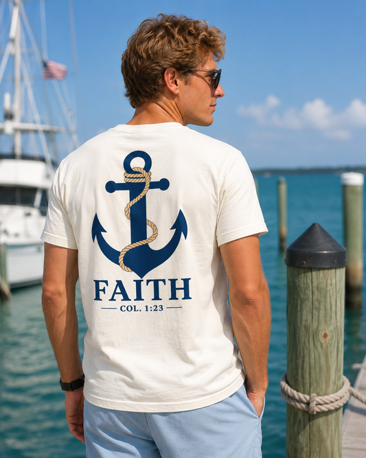 Faith Anchor T‑Shirt — Nautical Anchor Graphic with "FAITH" & Col. 1:23