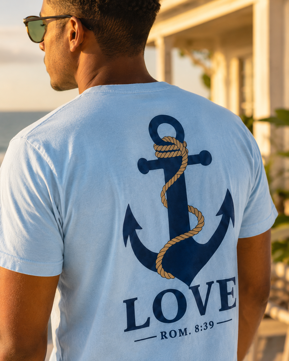 Anchored Love T-Shirt — Nautical "LOVE" Anchor with Rope, Romans 8:39 Faith Tee