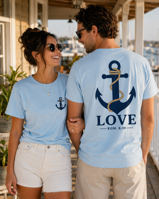 Anchored Love T-Shirt — Nautical "LOVE" Anchor with Rope, Romans 8:39 Faith Tee