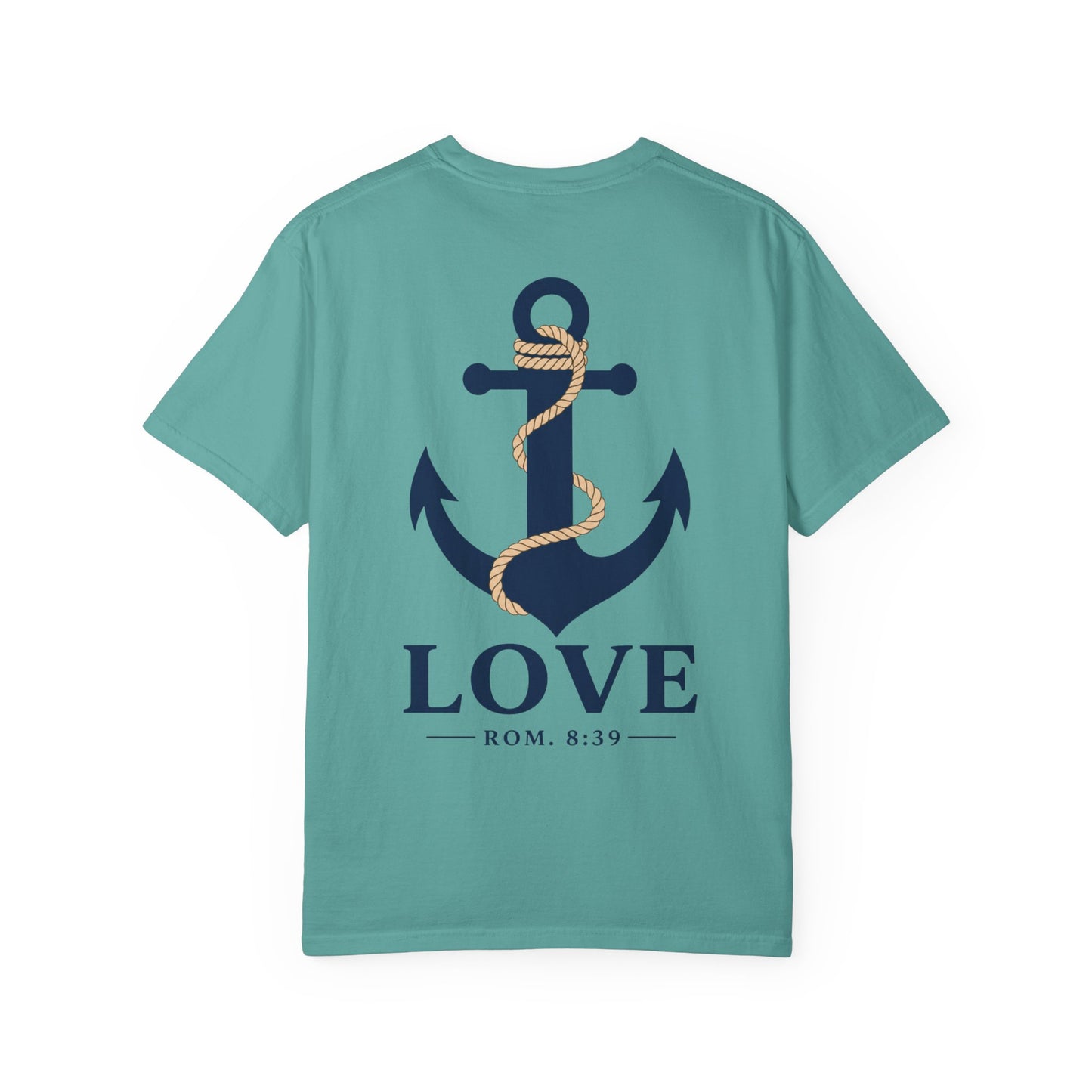 Anchored Love T-Shirt — Nautical "LOVE" Anchor with Rope, Romans 8:39 Faith Tee