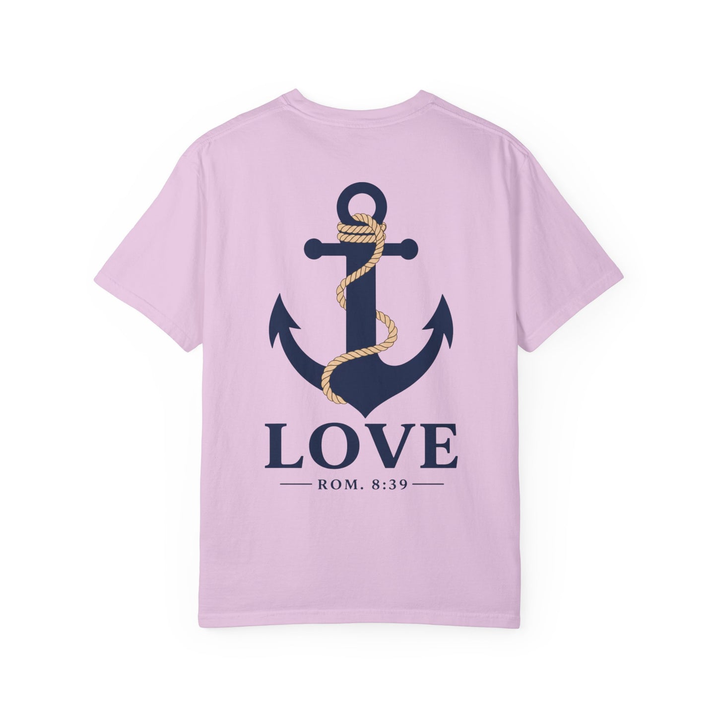 Anchored Love T-Shirt — Nautical "LOVE" Anchor with Rope, Romans 8:39 Faith Tee