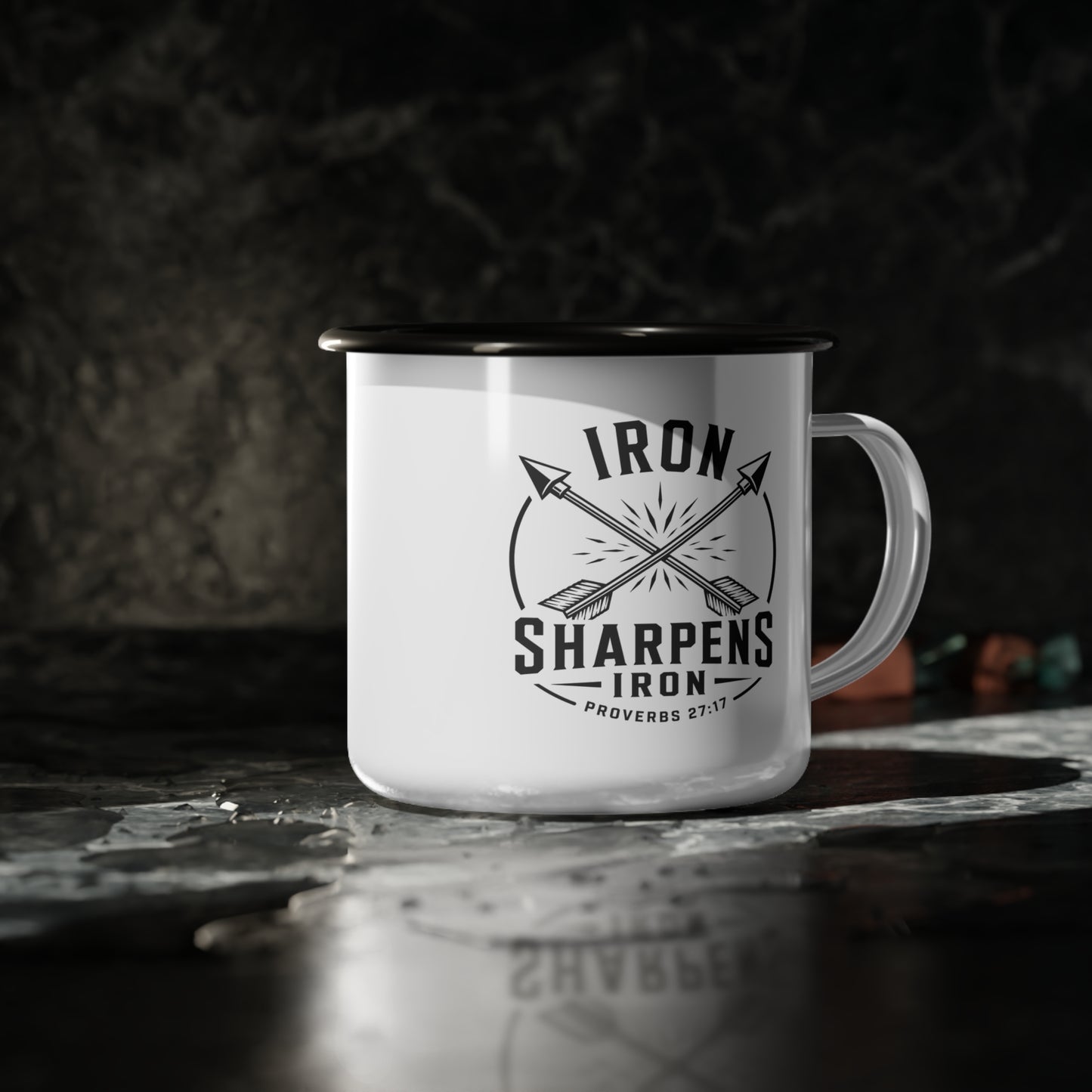 Iron Sharpens Iron Arrows Enamel Camp Cup — Rustic Outdoor Mug | 12oz