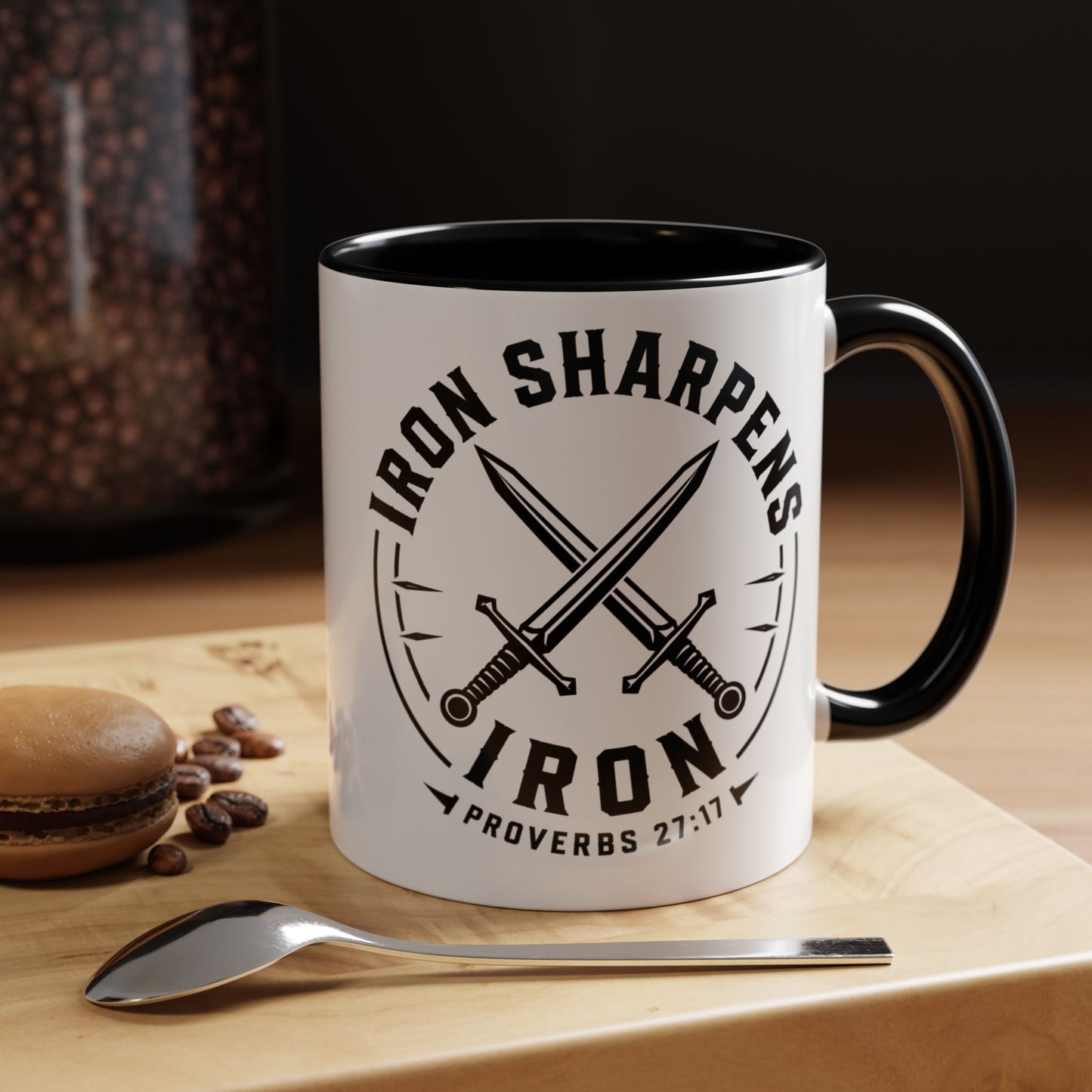 Iron Sharpens Iron Swords Accent Mug — Faith Coffee Cup | Proverbs 27:17