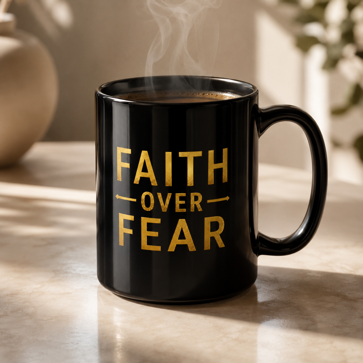 Faith Over Fear Black Mug — Glossy Ceramic Coffee Cup | 15oz