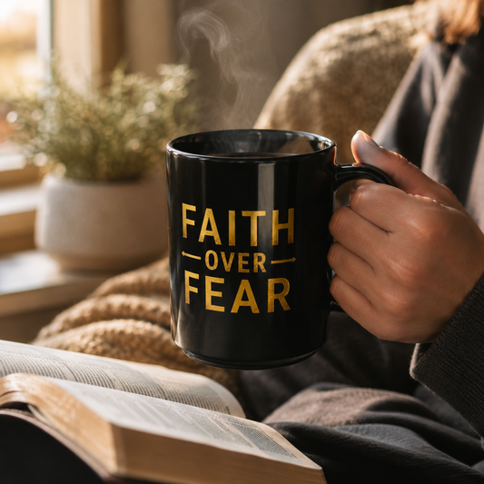 Faith Over Fear Black Mug — Glossy Ceramic Coffee Cup | 15oz