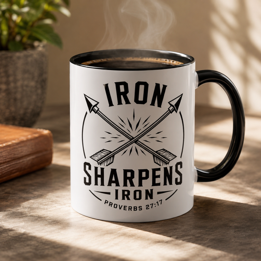 Iron Sharpens Iron Arrows Accent Mug — Faith Coffee Cup | Proverbs 27:17