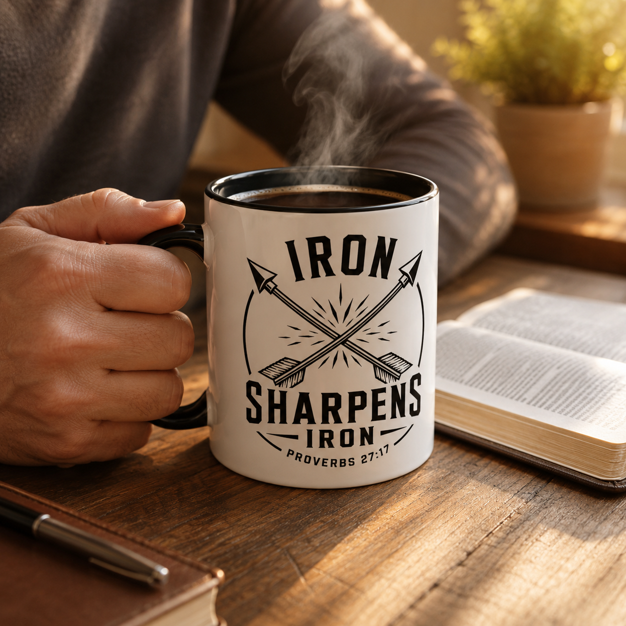 Iron Sharpens Iron Arrows Accent Mug — Faith Coffee Cup | Proverbs 27:17
