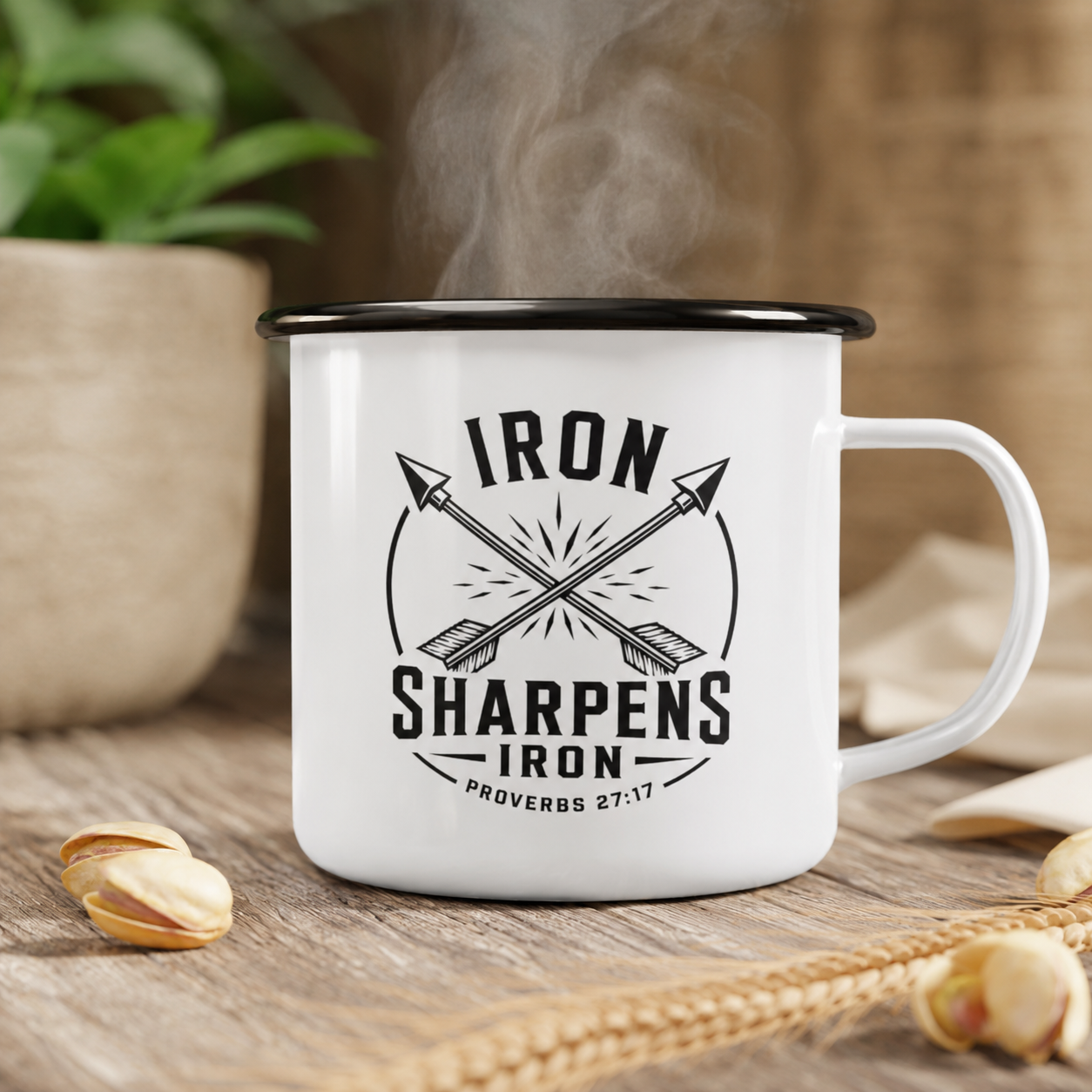 Iron Sharpens Iron Arrows Enamel Camp Cup — Rustic Outdoor Mug | 12oz
