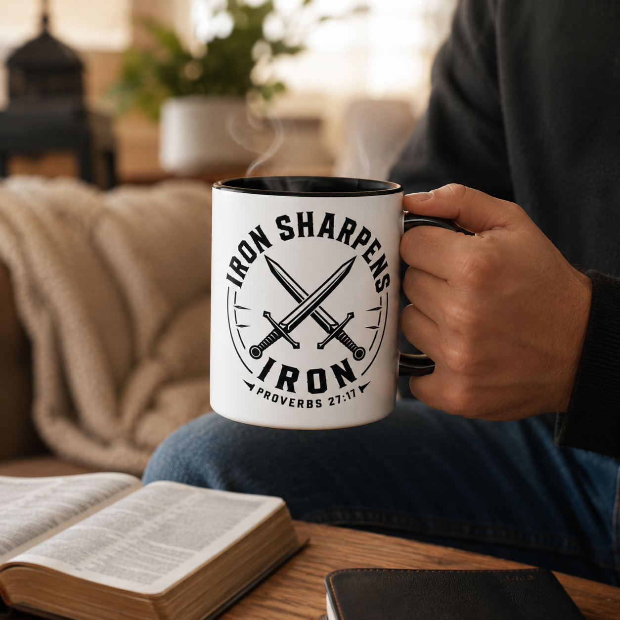 Iron Sharpens Iron Swords Accent Mug — Faith Coffee Cup | Proverbs 27:17
