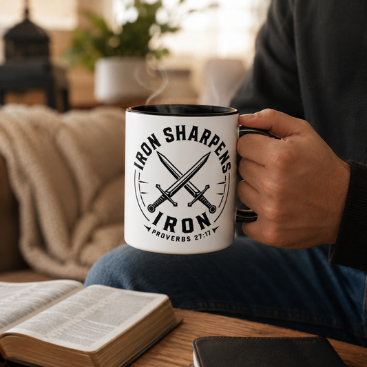 Iron Sharpens Iron Swords Accent Mug — Faith Coffee Cup | Proverbs 27:17