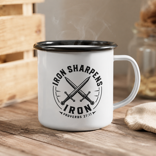 Iron Sharpens Iron Swords Enamel Camp Cup — Rustic Outdoor Mug | 12oz