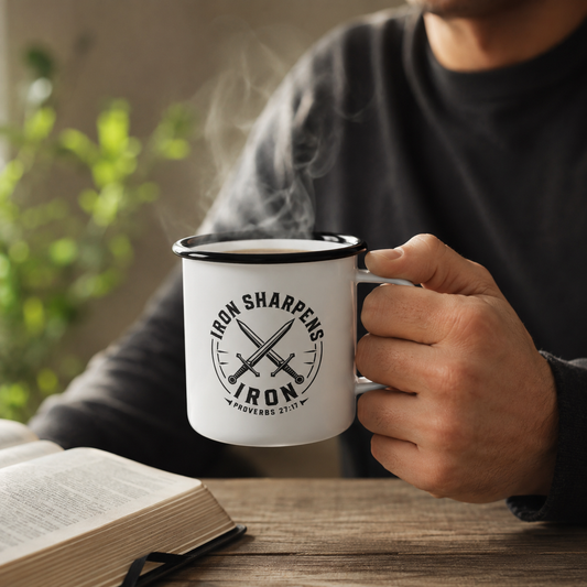 Iron Sharpens Iron Arrows Enamel Camp Cup — Rustic Outdoor Mug | 12oz